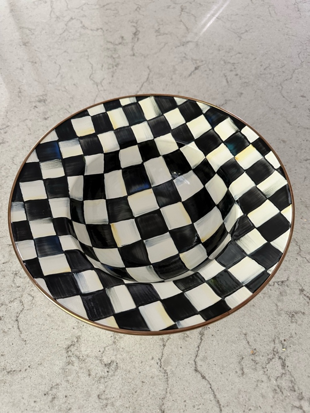 Mackenzie Childs Courtly Check Enamel Serving Bowl with Gold Trim